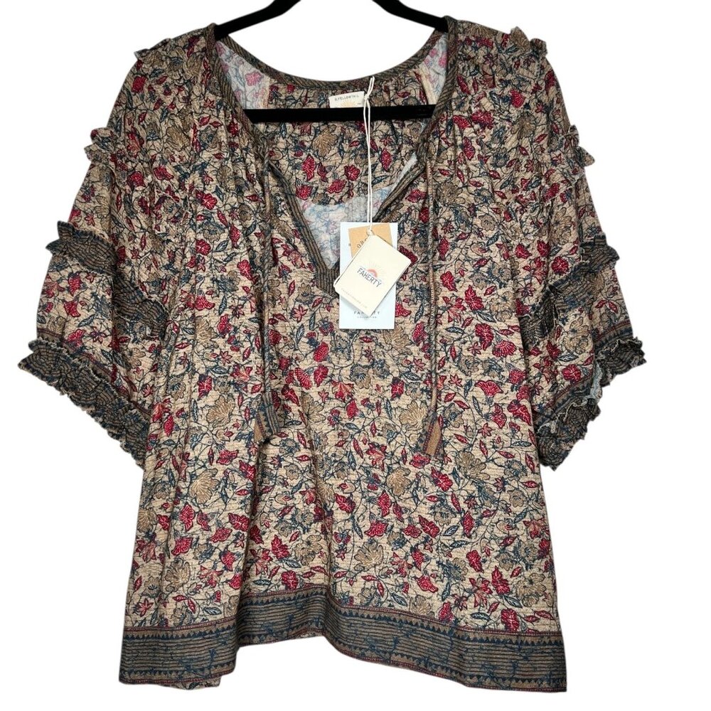 Faherty B. Yellowtail Womens Floral Ruffle Trim Bodhi Top Blouse Size L  NEW - Picture 3 of 11